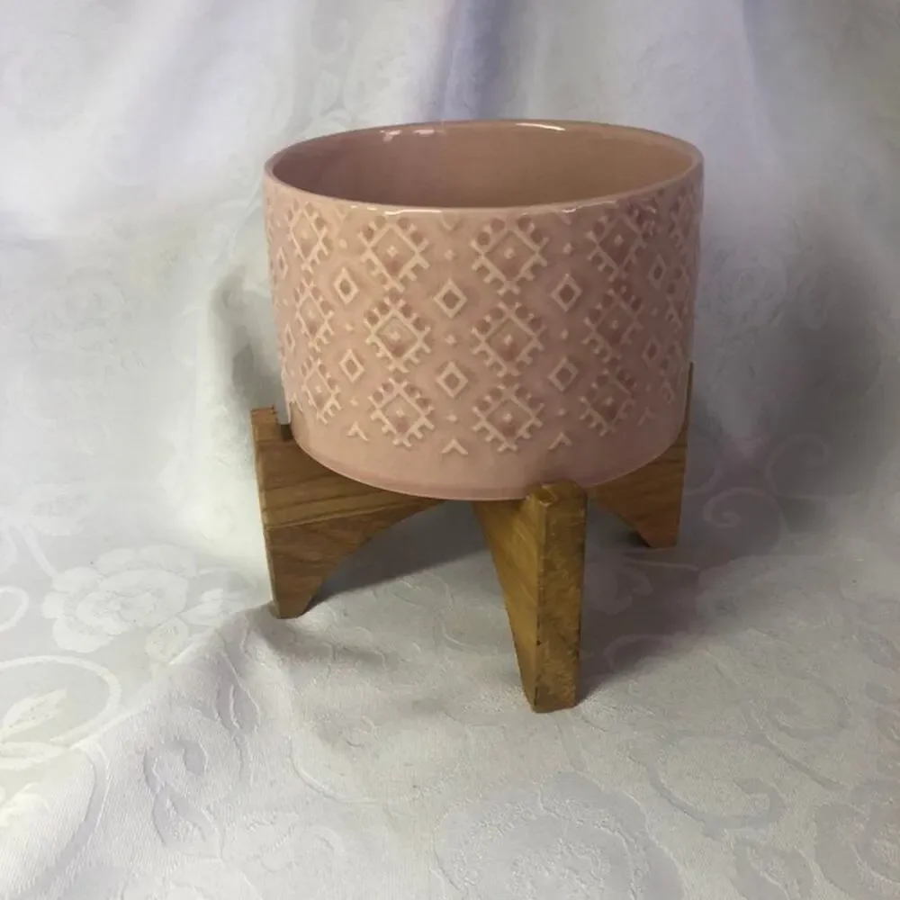 Geo Ceramic Planter 6.25" on Wooden stand - Picture 2 of 4